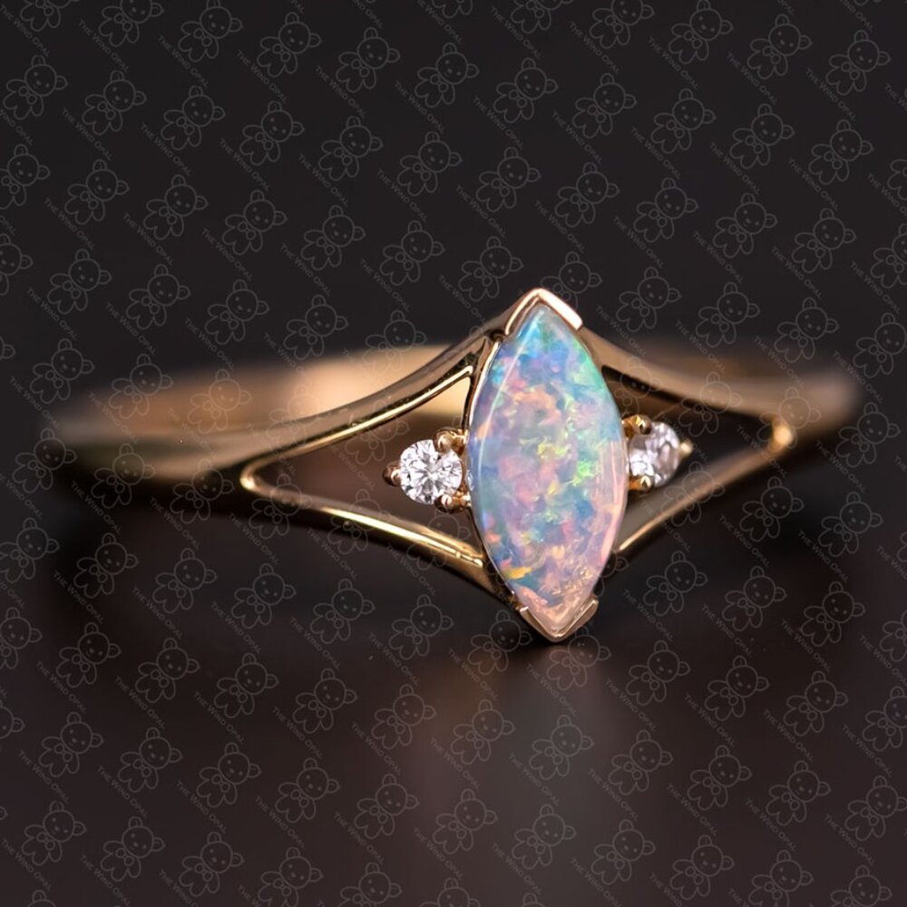 Marquise Cut Australian Solid Opal & Diamond Ring 14K Yellow Gold